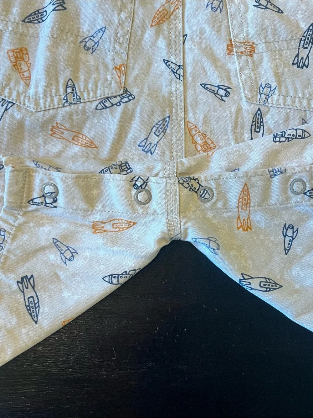 OshKosh B'gosh Y2K White Overalls with Blue and Orange Rocket Print 24m